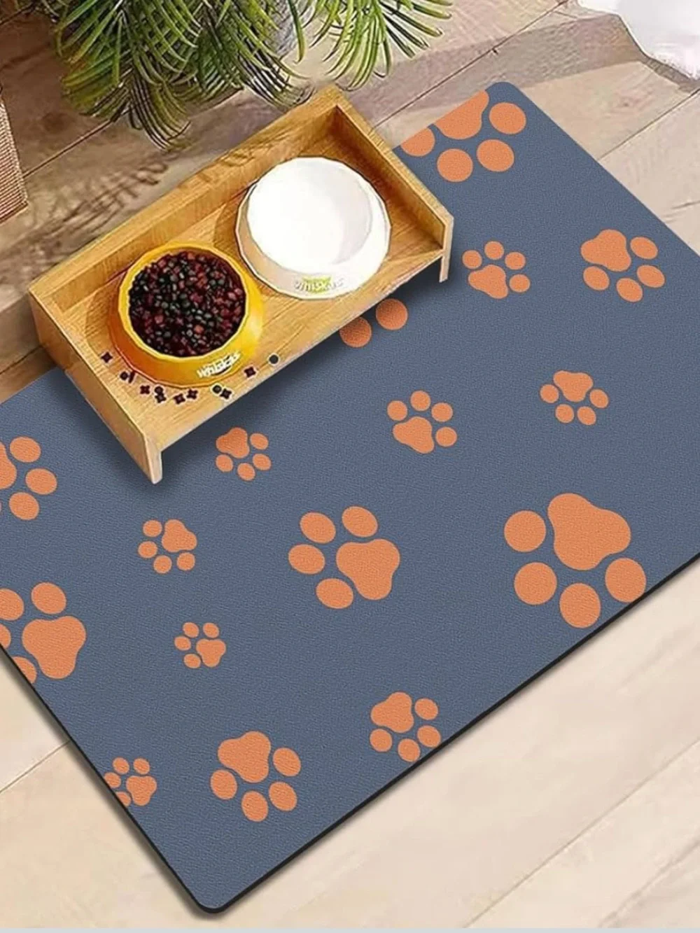 Non-Slip Dog CatFeeding Mat - Gray Orange Paw Prints NWT